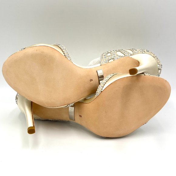 Badgley Mischka‎ Size 8 Roxy Jeweled Ivory Satin Open Toe Heels Pumps Shoes - Picture 9 of 13
